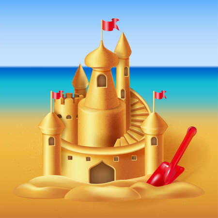 Realistic Detailed 3d Sand Castle on a Landscape Scene . Vectorのイラスト素材