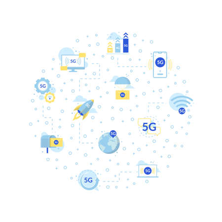Cartoon Color Fifth Generation Mobile Concept Round Design Banner. Vectorのイラスト素材