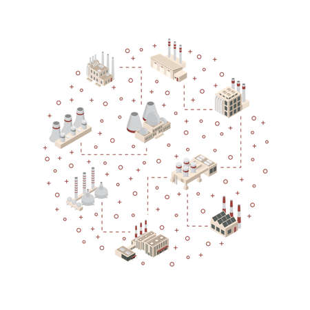Factory Constructions or Buildings Concept Round Design Banner 3d Isometric View. Vectorのイラスト素材