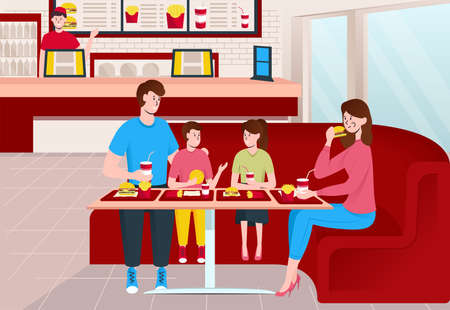 Cartoon Color Characters People Family Eating Fast Food Restaurant Interior Inside Concept. Vectorのイラスト素材