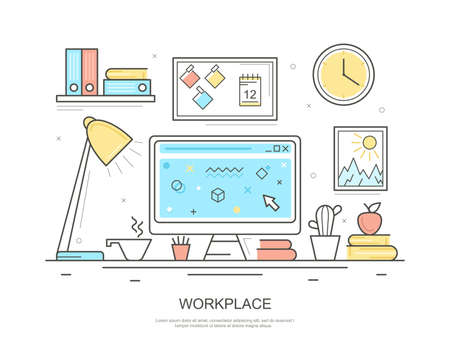 Workplace Computer Concept Contour Linear Style. Vector