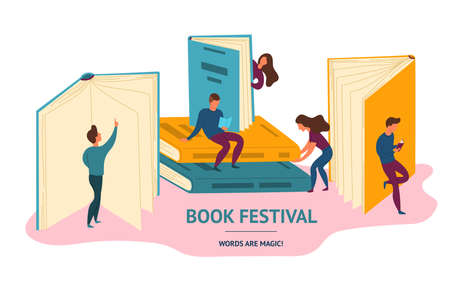 Cartoon Color Characters People and Book Festival Concept. Vectorのイラスト素材