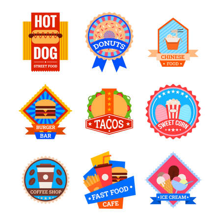 Cartoon Color Coffee Shop and Bistro Fastfood Label Badge Sign Set. Vectorのイラスト素材