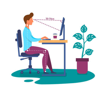 Cartoon Color Character Person Male and Correct Position to Sit at Table Concept. Vectorのイラスト素材