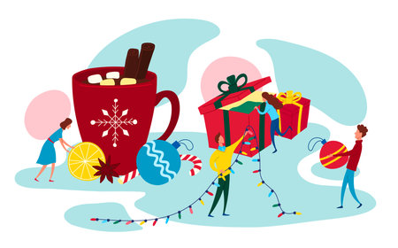 Cartoon Color Tiny Characters People and Merry Christmas Concept. Vectorのイラスト素材