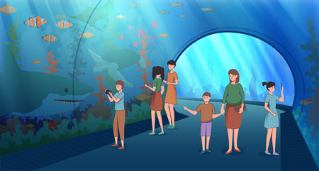 Cartoon Color Characters People with Children in Oceanarium Concept. Vectorのイラスト素材