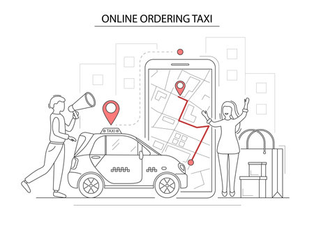 Characters People Online Ordering Taxi Concept Contour Linear Style. Vectorのイラスト素材