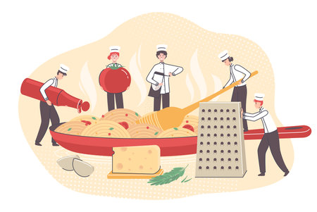 Cartoon Color Tiny Characters People Cooking Concept. Vectorのイラスト素材