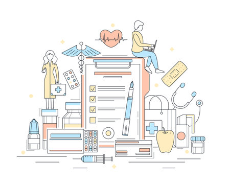 Characters People and Pharmacy Concept Contour Linear Style. Vectorのイラスト素材