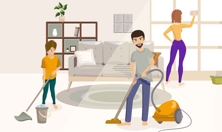Cartoon Color Characters People Family Cleaning the House Concept. Vectorのイラスト素材