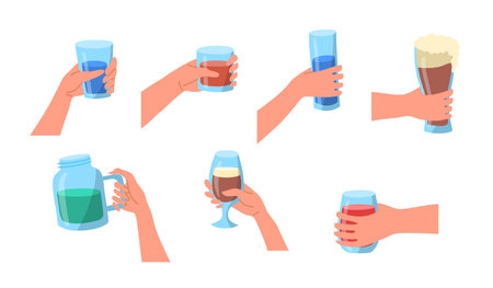 Cartoon Human Hands Holding Glasses Icons Set. Vectorのイラスト素材