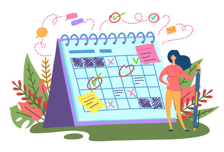 Cartoon Color Character Person Woman and Planning Day Scheduling Concept. Vectorのイラスト素材