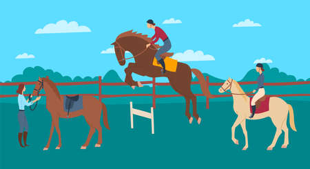 Cartoon Color Characters People and Horse Rider School Concept. Vectorのイラスト素材