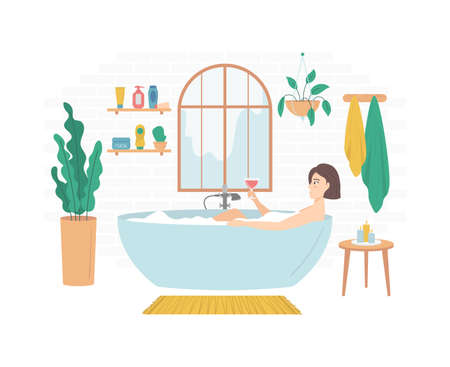 Cartoon Color Character Person Girl Relaxes in Bath Concept. Vectorのイラスト素材