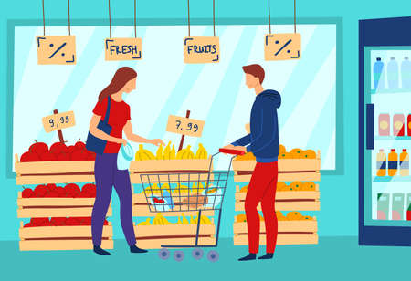 Cartoon Color Characters People People Shopping Fruits Concept. Vectorのイラスト素材