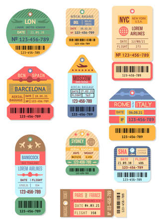 Cartoon Color Baggage Retro Tags Set. Vectorのイラスト素材