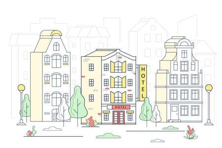 Modern Hotel House Building Concept Contour Linear Style. Vectorのイラスト素材