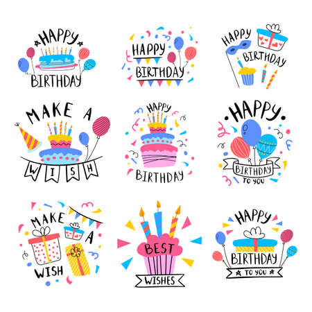 Happy Birthday Color Label Badge Sign Set Concept. Vectorのイラスト素材