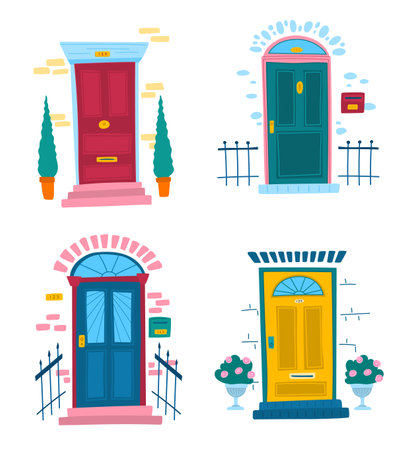 Cartoon Color Vintage Front Doors Set. Vectorのイラスト素材