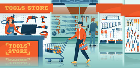 Cartoon Color Characters People Customers and Tools Store Concept. Vectorのイラスト素材