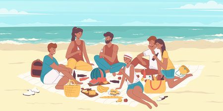 Cartoon Color Characters People Friends on a Seashore Concept. Vectorのイラスト素材