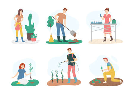 Cartoon Color Characters People and Gardening Concept. Vectorのイラスト素材