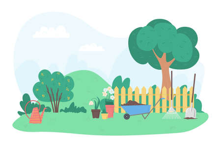 Cartoon Color Gardening Scene and Equipments Concept. Vectorのイラスト素材
