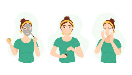 Cartoon Color Character Person Girl Care Her Face Concept. Vectorのイラスト素材