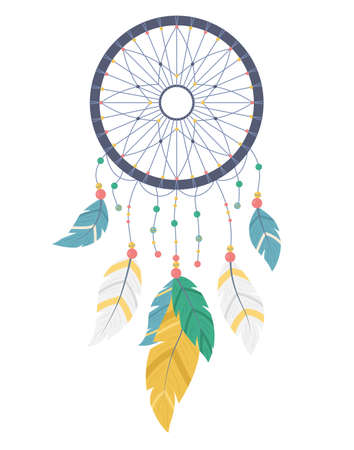 Cartoon Color Dreamcatcher with Different Feathers. Vectorのイラスト素材