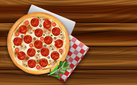 Realistic Detailed 3d Pizza Pepperoni with Rosemary and Napkin on Wooden Table Background Card. Vectorのイラスト素材