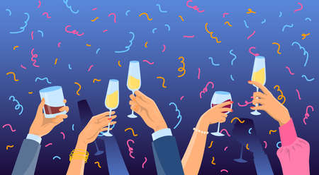 Cartoon Color Many Hands Holding Glasses. Vectorのイラスト素材