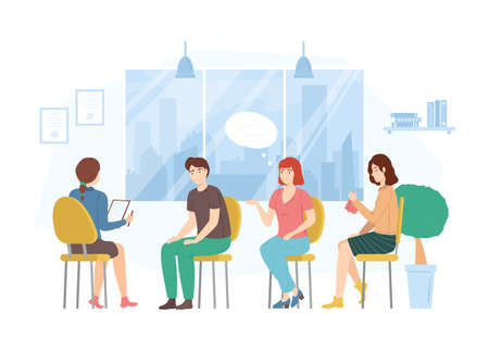 Cartoon Color Characters People and Group Therapy Session Concept. Vectorのイラスト素材