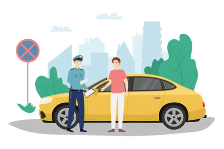 Cartoon Color Character Policeman Writes Ticket Concept. Vectorのイラスト素材