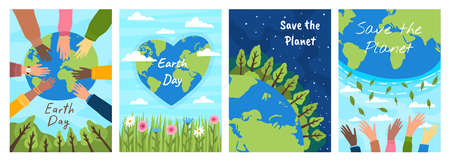 Cartoon Color Environmental Problem Concept Banner Poster Card Set. Vectorのイラスト素材