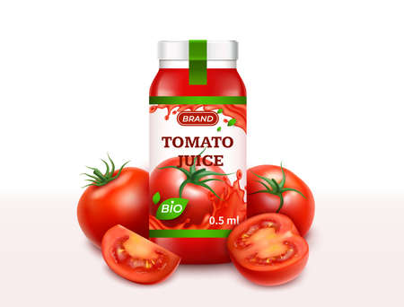 Realistic Detailed 3d Natural Tomatoes Juice Set. Vectorのイラスト素材