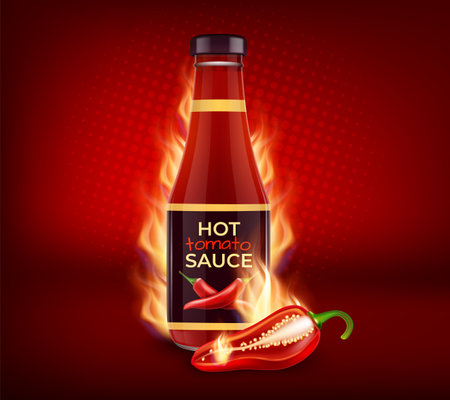 Realistic Detailed 3d Red Tomato Ketchup Sauce Bottle and Burning Chili Pepper in Fire on a Red Background. Vectorのイラスト素材