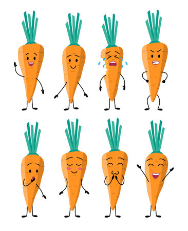 Cartoon Color Characters Carrot Icon Set. Vectorのイラスト素材