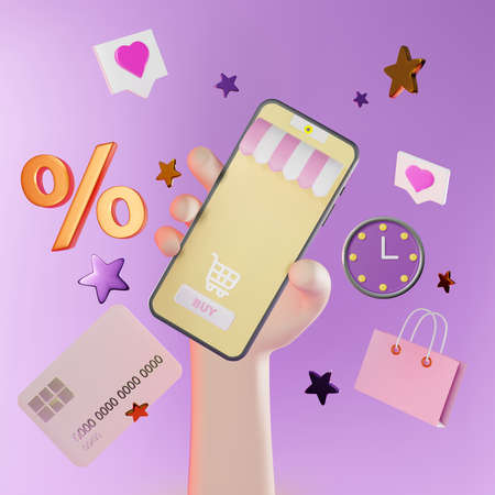 Realistic Detailed 3d Hand Holding Mobile Smart Phone with Shopp App. Vector