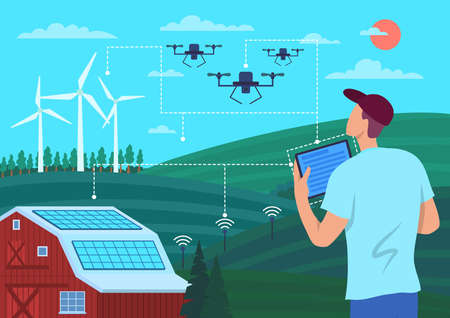 Cartoon Color Character Person Male and Smart Farming Concept Drone, Solar Panels and Windmills...