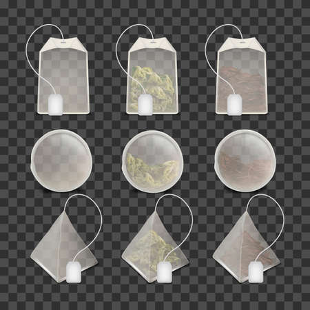 Realistic Detailed 3d Different Tea Bag Set on a Transparent Background Include of Black and Green Teabags. Vector illustrationのイラスト素材