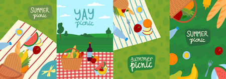 Cartoon Color Summer Picnic Concept Banner Poster Card Set Flat Design Style. Vector illustration of Outdoor Summertime Partyのイラスト素材