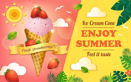 Realistic Detailed 3d Ice Cream with Strawberry Enjoy Summer Ads Banner Concept Poster Card. Vector illustration of Icecreamのイラスト素材