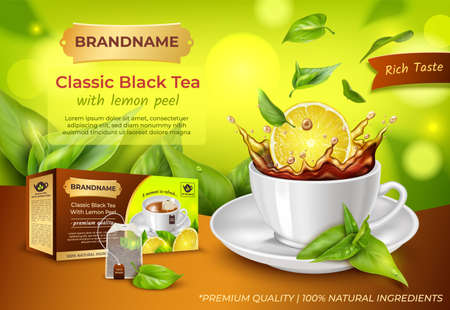 Realistic Detailed 3d Classic Black Tea with Lemon Peel Ads Banner Concept Poster Card. Vector illustrationのイラスト素材