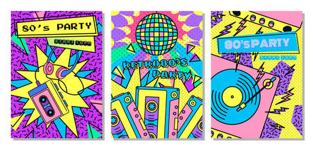 Color 80s Years Disco Style Concept Banner Poster Card Set. Vector illustration of Flyer Template...