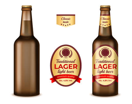 Realistic Detailed 3d Empty Template Mockup Brown Glass Beer Bottle and with Labels Set. Vector illustration of Neck Label for Bottles Retailのイラスト素材
