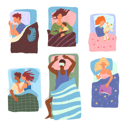 Cartoon Color Characters People Sleeping in Beds Different Positions Top View Concept Flat Design Style. Vector illustrationのイラスト素材