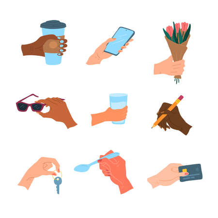 Cartoon Color Various Hands Holding Things Set Include of Cup and Sunglasses Flat Design Style. Vector illustrationのイラスト素材