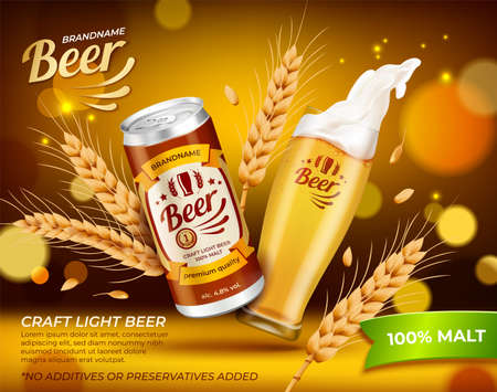 Realistic Detailed 3d Aluminum Can Beer and Golden Beer Transparent Glass Cup Ads Banner Concept Poster Card. Vector illustrationのイラスト素材