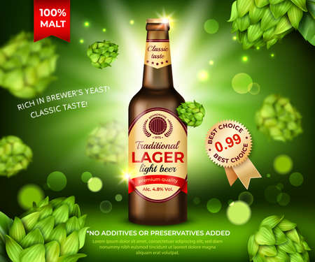 Realistic Detailed 3d Brown Glass Beer Bottle Ads Banner Concept Poster Card on a Falling Green Hops Background . Vector illustrationのイラスト素材