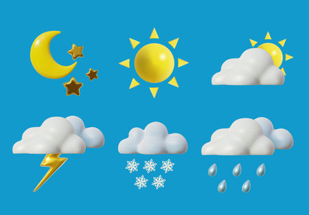 3d Cute Weather Forecast Set Cartoon Style Include of Sun, Cloud, Rain and Snow. Vector illustrationのイラスト素材